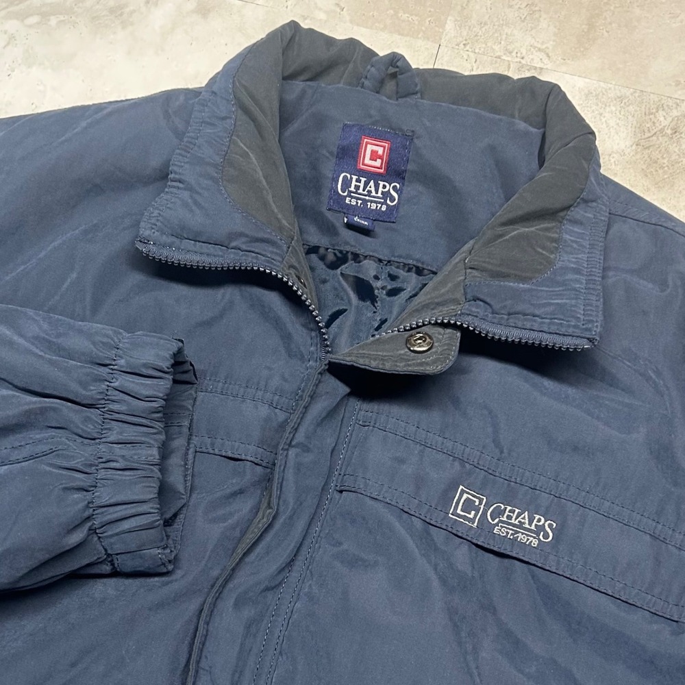 Chaps Bomber Jacket Navy Blue Mens Size Large Full Zip Microfiber Coat